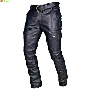 Мужские кожаные мотоциклетные брюки с карманами-карго, черные, Брюки из искусственной кожи без ремня, Мужские брюки большого размера S-5XL 0