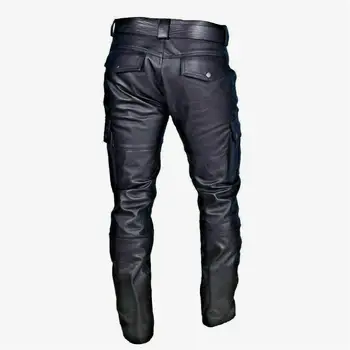 Мужские кожаные мотоциклетные брюки с карманами-карго, черные, Брюки из искусственной кожи без ремня, Мужские брюки большого размера S-5XL 1