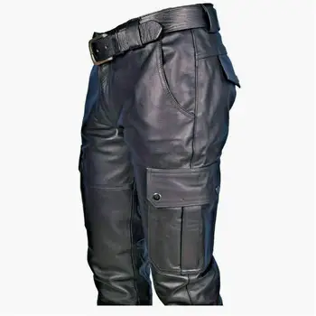 Мужские кожаные мотоциклетные брюки с карманами-карго, черные, Брюки из искусственной кожи без ремня, Мужские брюки большого размера S-5XL 2