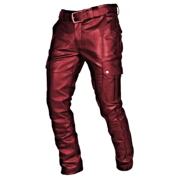 Мужские кожаные мотоциклетные брюки с карманами-карго, черные, Брюки из искусственной кожи без ремня, Мужские брюки большого размера S-5XL 3