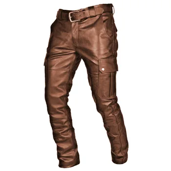 Мужские кожаные мотоциклетные брюки с карманами-карго, черные, Брюки из искусственной кожи без ремня, Мужские брюки большого размера S-5XL 4