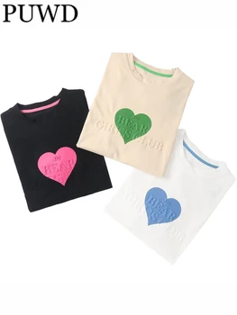 PUWD Повседневные женские футболки цвета Хаки с тиснением букв 2023, летние модные женские винтажные топы с круглым вырезом и короткими рукавами, шикарные