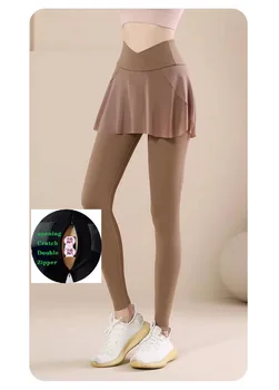 Брюки с открытой промежностью, Новые поддельные штаны для йоги из двух частей, женские сетчатые брюки с высокой талией, подтягивающие бедра, обтягивающие спортивные брюки для фитнеса 0