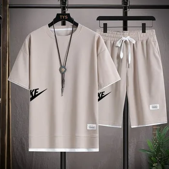 Модный мужской льняной комплект из двух предметов, футболки и повседневных шорт, спортивный комплект