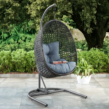 Плетеное Подвесное кресло для яиц Lantis Patio с подставкой - Серое Плетеное, синяя подушка