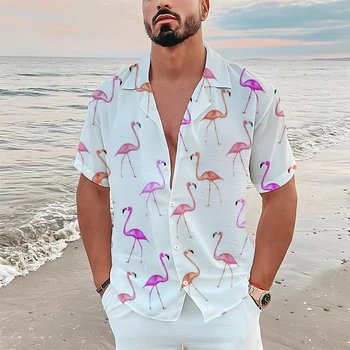 Гавайская Мужская Рубашка, Модные Топы с короткими рукавами и Отворотом, Стиль Пляжного Отдыха, Рубашка с принтом Фламинго Для Мужчин, Повседневная футболка Оверсайз