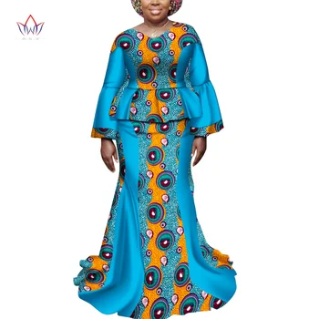 Летняя женская одежда в африканском стиле, традиционный костюм с юбкой из Анкары с длинными рукавами, 2 предмета, блузка и длинная юбка, наряд из Анкары WY6968