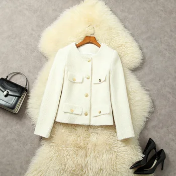 Новая европейская и американская женская одежда на зиму 2022, однобортное модное шерстяное твидовое пальто с множеством карманов с длинным рукавом