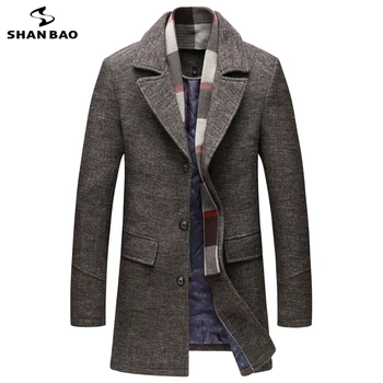 Брендовая одежда SHAN BAO, зимнее толстое и теплое мужское тонкое длинное шерстяное пальто с классическим отворотом, молодежное повседневное шерстяное пальто большого размера M-5XL