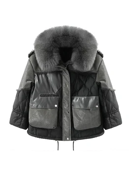 Женская кожаная меховая куртка-пуховик, короткое пальто 2023, Новая парка в стиле пэчворк для похудения