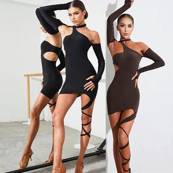 платье для латиноамериканских танцев коричнево-черное длинное сексуальное платье для соревнований по латиноамериканским танцам, платье для танго Сальсы, Ча-Ча Самбы, Румбы 2241