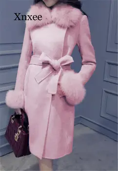 Зимняя Розовая Элегантная куртка, Женская Элегантная Серая кашемировая куртка с поясом, Шерстяная куртка, Милое Офисное Длинное пальто С меховым воротником 0