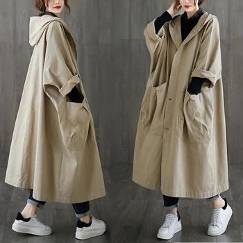 TPJB, женское длинное пальто, модная корейская ветровка, Большой размер, Женский тренч, Осенний кардиган с капюшоном и свободными карманами, женские длинные куртки