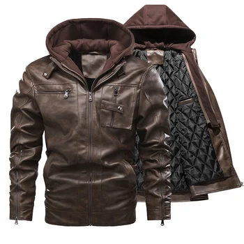 2023 Мужские Кожаные куртки, Осенняя Повседневная Мотоциклетная куртка из искусственной кожи с капюшоном, Мужские Зимние Классические Байкерские Кожаные пальто, Размер Одежды EUR