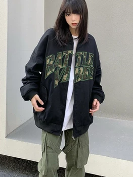 Черные куртки-бомберы HOUZHOU, Женские винтажные ветровки Оверсайз Harajuku, Корейская уличная одежда в стиле хип-хоп, Женские бейсбольные куртки