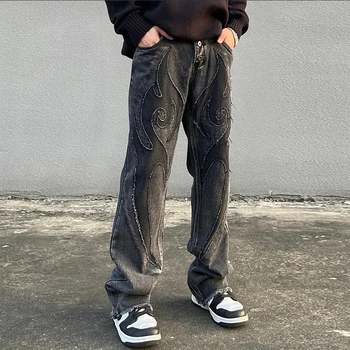 Оригинальные брюки с нашивками в американском стиле, стиль high street vibe, ретро хип-хоп, прямая трубка, свободные универсальные джинсы, мужская мода 2