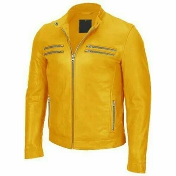 Мужская желтая куртка из натуральной кожи, мягкая байкерская куртка из овечьей кожи
