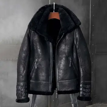 Новое Дубленочное пальто, мужская куртка-бомбер B3, Короткое Меховое пальто, Черная кожаная куртка, Мотоциклетная куртка, пальто из натуральной овчины