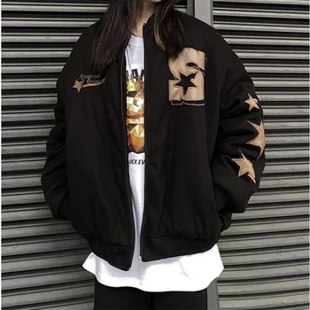 Женская зимняя куртка-бомбер Deeptown в винтажном стиле Star Girl Y2k, бейсбольные куртки в стиле Харадзюку Оверсайз, Корейское модное уличное пальто