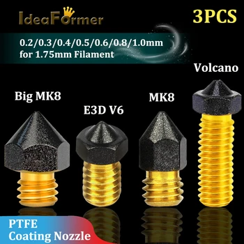 3 шт. 3D-принтеры V6/MK/Volcano M6 Латунь PTFE Сопло 0.2/0.3/0.4/0.5/0.6/0.8/1.0 мм для 1,75 мм нити E3D V6/MK Hotend Экструдер