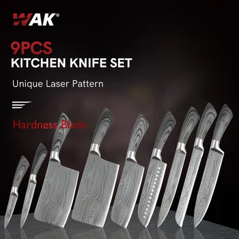 Набор кухонных ножей WAK 9шт, Лазерный Нож шеф-повара из Высокоуглеродистой нержавеющей стали, нож Santkoku, Кухонные ножи с покрытием, кухонные ножи с крышкой