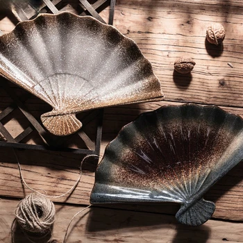 Cerâmica em forma de leque japonês para sushi, prato para hotel, utensílios para cozinha, bife, sobremesa