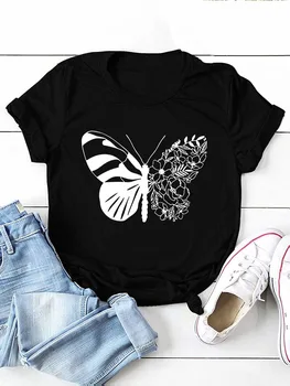 Красивая женская футболка с принтом бабочки, короткий рукав, O-образный вырез, Свободная женская футболка, Женская футболка, топы Camisetas Mujer