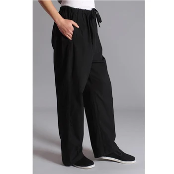 Длинные брюки черные Мужские брюки Хлопчатобумажные Китайские Традиционные Мужские брюки Кунг-фу Wu Shu Tai Chi с эластичной талией Свободные джоггеры для бега трусцой мужские