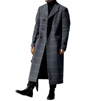 Модное Мужское Шерстяное пальто 2021 в клетку без талии, Повседневный Крой, Серое молодежное пальто, Уличная Одежда, Мужской Кардиган с длинным рукавом, Топы, пальто