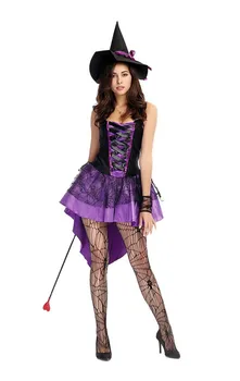 Взрослый женский Костюм ведьмы на Хэллоуин Карнавальная вечеринка Косплей Сексуальный фиолетовый Костюм ведьмы с ласточкиным хвостом