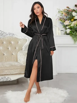 часто Домашний халат, халат для отдыха с длинным рукавом и поясом, простая и элегантная одежда для отдыха, Женская пижама
