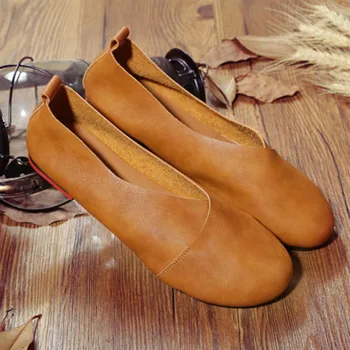 2021 г., Женская обувь на плоской подошве из натуральной кожи, Кожаные лоферы ручной работы, Гибкая Весенняя Повседневная обувь Из воловьей Кожи, Женская обувь на плоской подошве