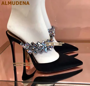Туфли на высоком каблуке с украшением в виде кристаллов ALMUDENA, Сверкающие свадебные туфли с ремешком из бисера, украшенные блестящими драгоценными камнями, Босоножки на шпильках
