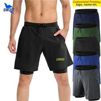 Мужские Шорты для бега с индивидуальным ЛОГОТИПОМ 2 в 1 на удлиненной подкладке, спортивные Колготки с внутренним карманом, Штаны для занятий фитнесом, Короткие брюки с завязками 0