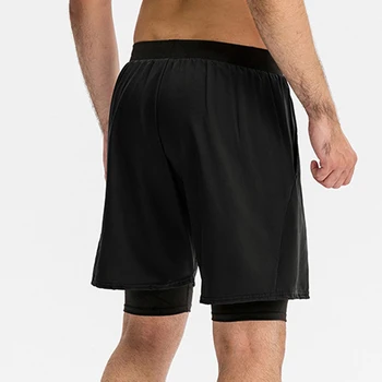 Мужские Шорты для бега с индивидуальным ЛОГОТИПОМ 2 в 1 на удлиненной подкладке, спортивные Колготки с внутренним карманом, Штаны для занятий фитнесом, Короткие брюки с завязками 1