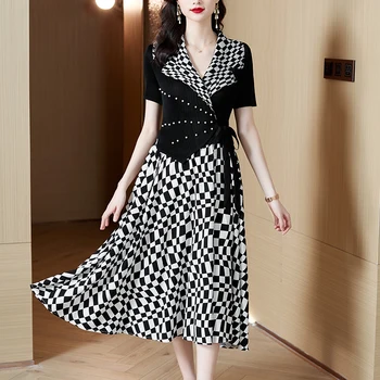 2023 Черные Вышитые вспышки, Лоскутное Платье Миди в клетку, Женское Элегантное Офисное платье, Летнее Корейское Модное Повседневное платье