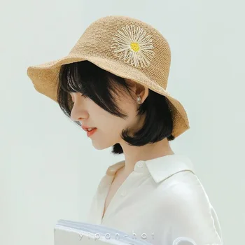 Женская летняя Новая модная пляжная шляпа с защитой от ультрафиолета, тканый зонт ручной работы, Соломенная шляпа с вышивкой Подсолнухом