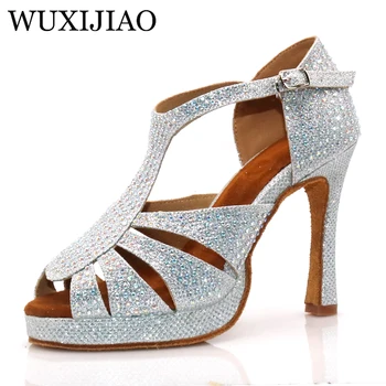 WUXIJIAO, новые женские серебристые блестящие тканевые танцевальные туфли, стразы, обувь для сальсы, обувь для бальных танцев шириной 10 см