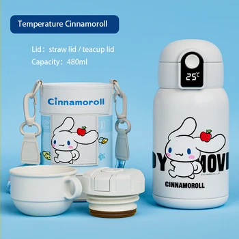 480 мл Kawaii Sanrio Детский Термос Бутылка Для Воды Аниме Cinnamoroll Соломенная Нержавеющая Сталь Интеллектуальное Шоу Температуры Чашка Для Воды