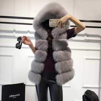 2023 модное осенне-зимнее пальто средней длины с имитацией лисьего меха, большой жилет с капюшоном, меховое пальто