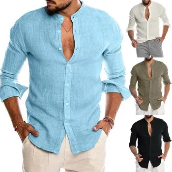 Хлопковые льняные мужские рубашки с длинными рукавами, летние однотонные рубашки со стоячим воротником, повседневный пляжный стиль, Большие размеры