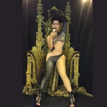 Новый женский Сексуальный комбинезон Harf Naked, сверкающие кристаллы, Один рукав и штанины, Боди для ночного клуба, одежда для сцены
