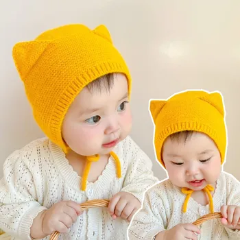шапка gorras кепка Новая милая Осенне-зимняя детская Вязаная шапка Однотонного цвета с ушками для маленьких Девочек и мальчиков, Теплая шапочка-бини для малышей