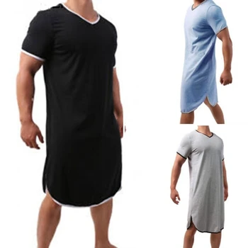 Традиционные мусульманские халаты для сна, мужская ночная рубашка с коротким рукавом, мужские халаты с V-образным вырезом