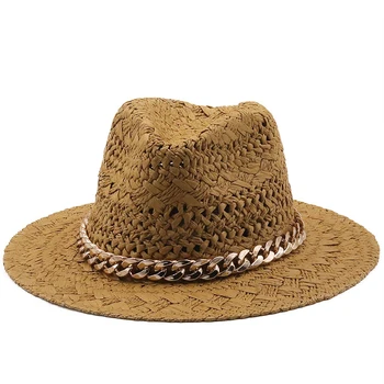 Летние шляпы с широкими полями джаз цвета хаки шапки женщины мужчины повседневная классическая группа ремня цепи пружина соломы открытый пляж панамы шляпы от солнца 