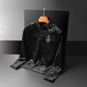 Бархатная утолщенная рубашка с воротником-хомутом Homme, черная Мужская толстовка с растительным принтом, Мужская Повседневная толстовка, одежда 2
