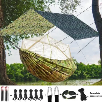 Гамак для кемпинга с москитной сеткой и дождевиком, Портативный двухместный/одноместный для кемпинга на открытом воздухе, легкие гамаки на дереве