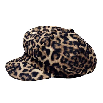 Женская шапка-берет с леопардовым принтом, зимняя теплая кепка художника в ретро-британском стиле, восьмиугольная темно-синяя шляпа, Уличная кепка газетчика