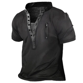 Мужская футболка в стиле ретро с коротким рукавом и V образным вырезом, Повседневная Мешковатая блузка на пуговицах Henley