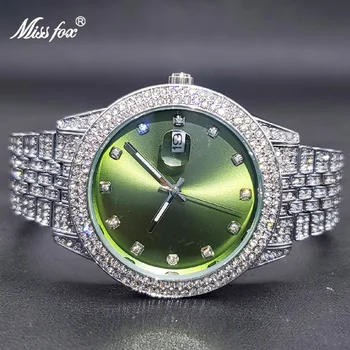 Montre Femme Luxe Новые Блестящие Зеленые часы С Муассанитом Для Женщин, Элегантные Большие Часы из Нержавеющей Стали, Прямая Поставка, Новинка